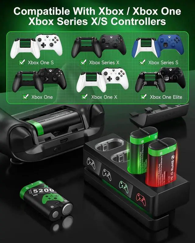 Alt view image 5 of 7 - Rechargeable Battery Pack for Xbox One / Xbox Series X|S Xbox One S / Xbox One X / Xbox One Elite with 4 x 5200mWh Batteries, Controller Battery Pack Accessories with Controller Charger
