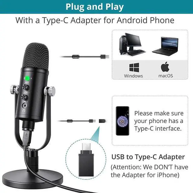 Alt view image 5 of 7 - USB Microphone Cardioid USB Microphone Condenser Microphone PC Gaming Computer Microphone with Round Support for Streaming Podcasting Vocal Recording Compatible with Windows Desktop Laptop