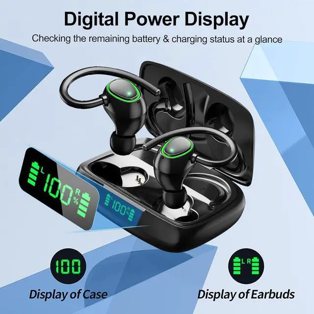 Alt view image 6 of 7 - Bluetooth Wireless Headphones Earbuds 60hrs Playback Ear Buds IPX6 Waterproof Stereo Bass Over-Ear Earphones with Earhooks Microphone LED Battery Display for Sports/Workout/Gym/Running