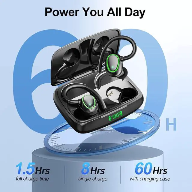 Alt view image 7 of 7 - Bluetooth Wireless Headphones Earbuds 60hrs Playback Ear Buds IPX6 Waterproof Stereo Bass Over-Ear Earphones with Earhooks Microphone LED Battery Display for Sports/Workout/Gym/Running