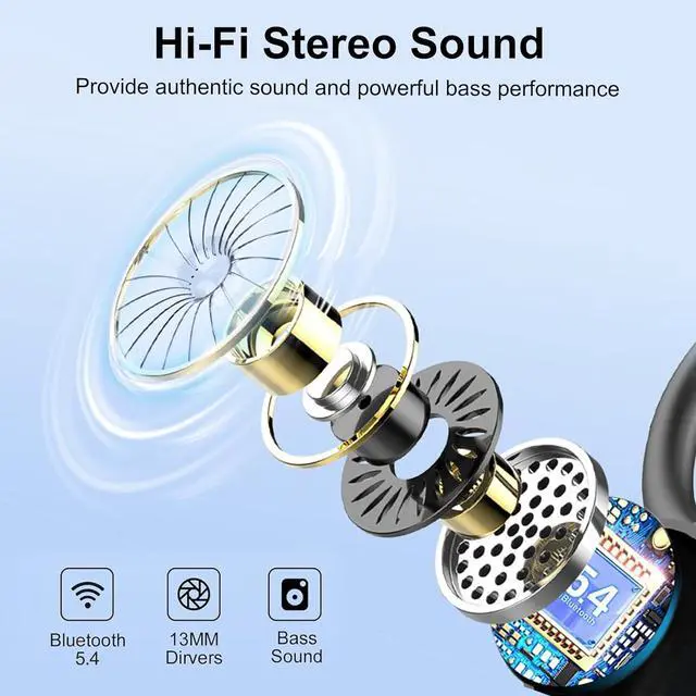 Alt view image 5 of 7 - Bluetooth Wireless Headphones Earbuds 60hrs Playback Ear Buds IPX6 Waterproof Stereo Bass Over-Ear Earphones with Earhooks Microphone LED Battery Display for Sports/Workout/Gym/Running