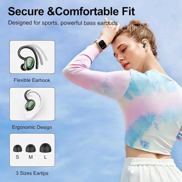 Alt view image 2 of 7 - Bluetooth Wireless Headphones Earbuds 60hrs Playback Ear Buds IPX6 Waterproof Stereo Bass Over-Ear Earphones with Earhooks Microphone LED Battery Display for Sports/Workout/Gym/Running