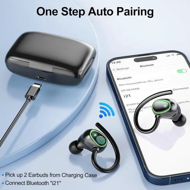 Alt view image 4 of 7 - Bluetooth Wireless Headphones Earbuds 60hrs Playback Ear Buds IPX6 Waterproof Stereo Bass Over-Ear Earphones with Earhooks Microphone LED Battery Display for Sports/Workout/Gym/Running