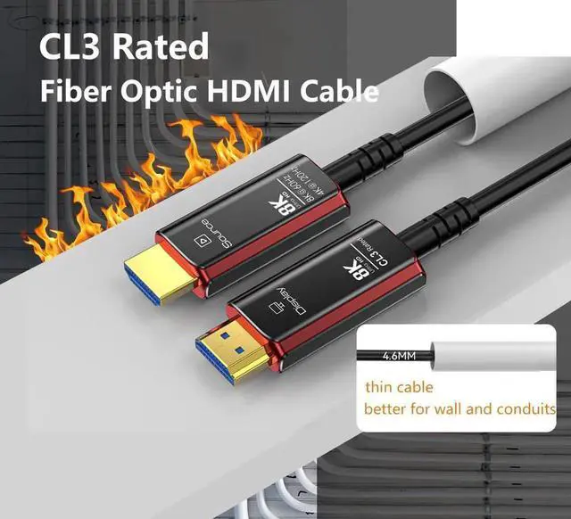 Alt view image 4 of 7 - wusu 30Ft CL3 Rated HDMI Cable, 8K 48Gbps Fiber Optic Ultra High Speed Long HDMI 2.1 Cord for Pipes, In-Wall, Male to Male