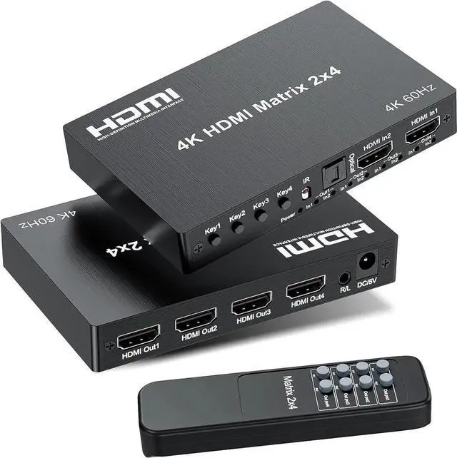 Main image of wusu 4K 2x4 HDMI Matrix Switch, 2 in 4 Out Matrix HDMI 2.0 Video Switcher Splitter, Optical & 3.5mm Audio Output, Support 4K 60Hz HDR HDCP2.2,18Gbps, with IR Remote Control for NS PS5 Fire Stick etc