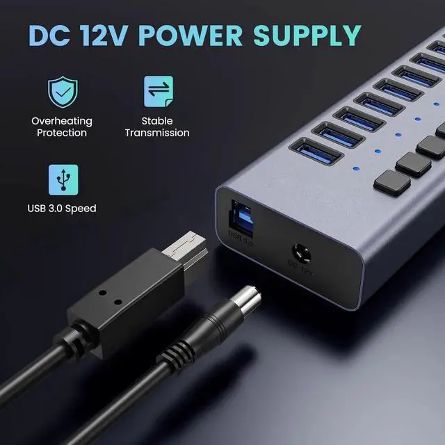 Alt view image 2 of 7 - Powered USB Hub - 16 Ports 90W USB 3.0 Data Port & Charge Port, Aluminum Housing, Individual On/Off Switches, 12V/7.5A Power Adapter, 5Gbps High Speed, USB 3.0 Hub for Laptop, PC, Computer,Mobile HDD