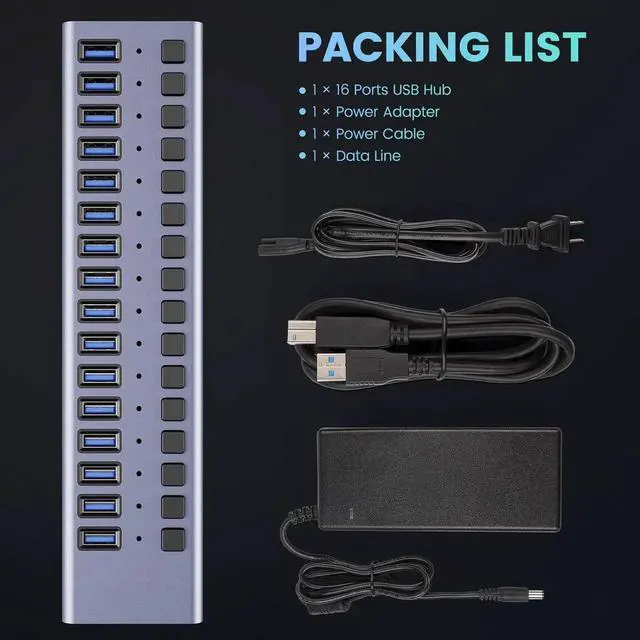 Alt view image 7 of 7 - Powered USB Hub - 16 Ports 90W USB 3.0 Data Port & Charge Port, Aluminum Housing, Individual On/Off Switches, 12V/7.5A Power Adapter, 5Gbps High Speed, USB 3.0 Hub for Laptop, PC, Computer,Mobile HDD