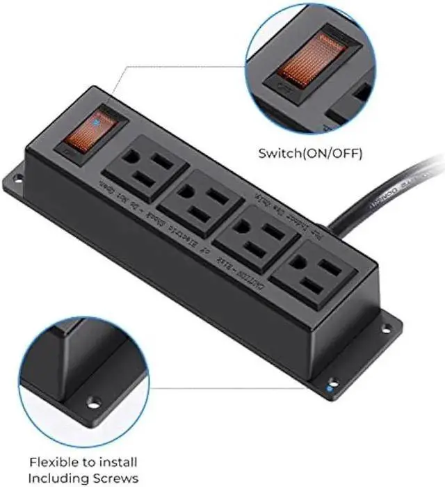 Alt view image 4 of 5 - Wall Mount Power Outlet Strip, 4 Outlet Mountable Power Strip with Switch, 3ft Cord Under Desk Power Strip for Office/Industrial/Home, Flat Plug, Black