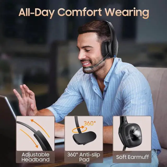 Alt view image 4 of 7 - Trucker Bluetooth Headset, Wireless Headset with Mic, Bluetooth Headsets with Dual Noise Cancelling Microphone & Mute Button, 55Hrs Working Time PC Headsets for Cell Phones, Computer