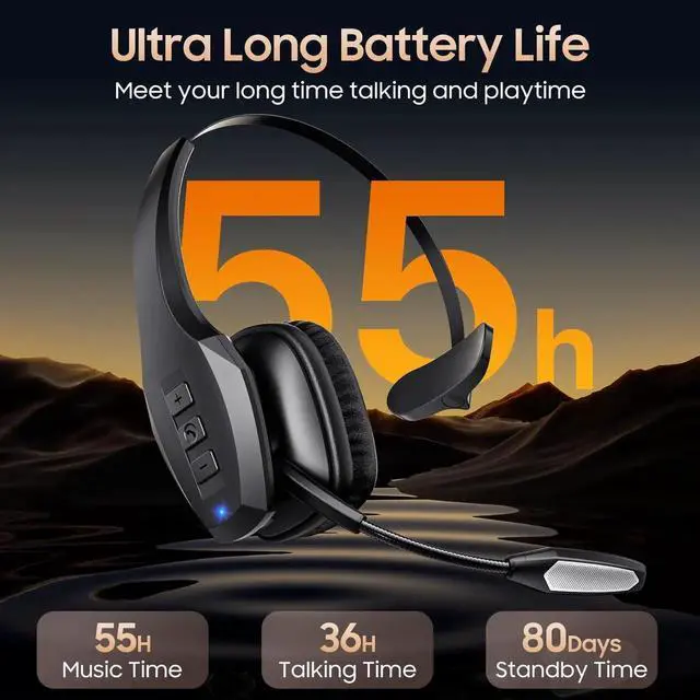 Alt view image 2 of 7 - Trucker Bluetooth Headset, Wireless Headset with Mic, Bluetooth Headsets with Dual Noise Cancelling Microphone & Mute Button, 55Hrs Working Time PC Headsets for Cell Phones, Computer