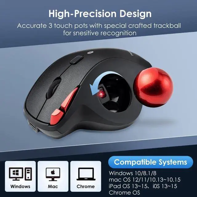 Alt view image 5 of 7 - Wired Ergonomic Trackball Mouse, Optical Rollerball Mice, Programmable Silent Buttons, 34mm Trackball, 600/800/1200/1600 Adjustable DPI, Compatible with MacBook, Laptop, Windows, macOS Bluetooth