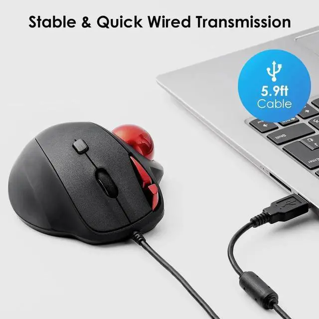 Alt view image 6 of 7 - Wired Ergonomic Trackball Mouse, Optical Rollerball Mice, Programmable Silent Buttons, 34mm Trackball, 600/800/1200/1600 Adjustable DPI, Compatible with MacBook, Laptop, Windows, macOS Bluetooth