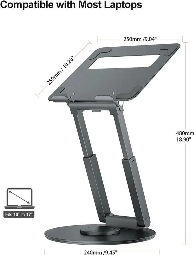 Alt view image 2 of 7 - Telescopic Laptop Stand for Desk with 360° Swivel Base Sit to Stand Height Adjustable Portable Riser Holder for Good Posture Compatible with MacBook Pro All Laptops 10-17-Gray