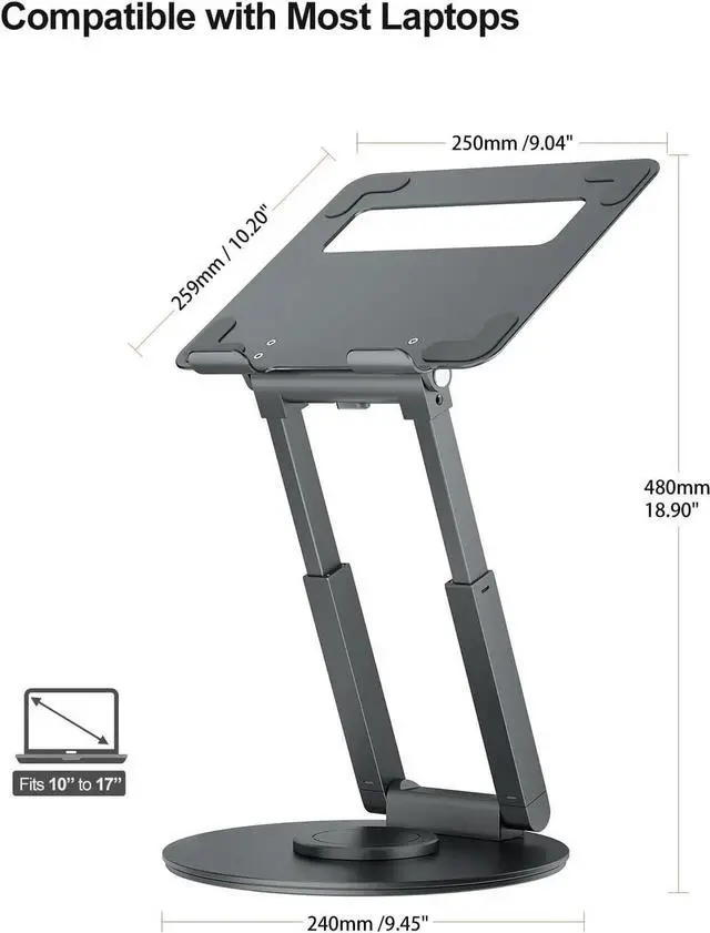Alt view image 2 of 7 - Telescopic Laptop Stand for Desk with 360° Swivel Base Sit to Stand Height Adjustable Portable Riser Holder for Good Posture Compatible with MacBook Pro All Laptops 10-17-Gray