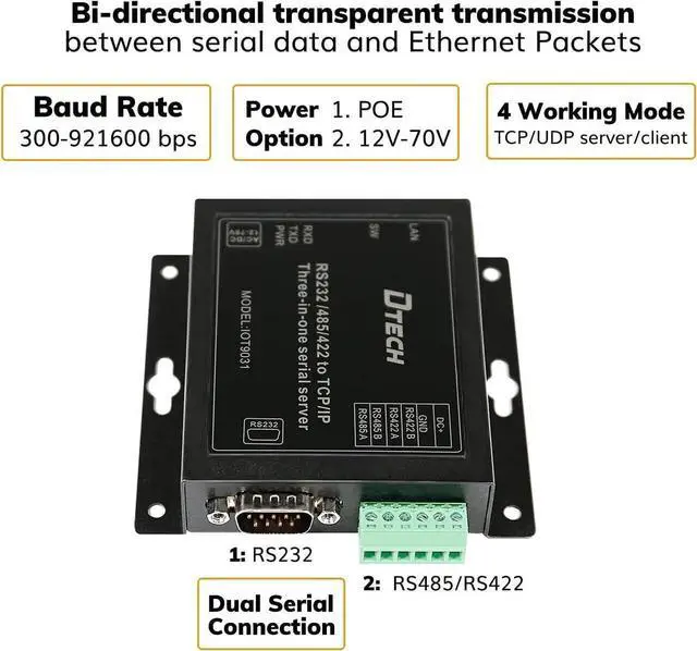 Alt view image 2 of 6 - wusu DTECH Serial to Ethernet Converter Adapter RS232 RS422 RS485 to TCP IP Device Server Supports DHCP DNS Modbus RTU/TCP 10/100M Power Over Ethernet POE