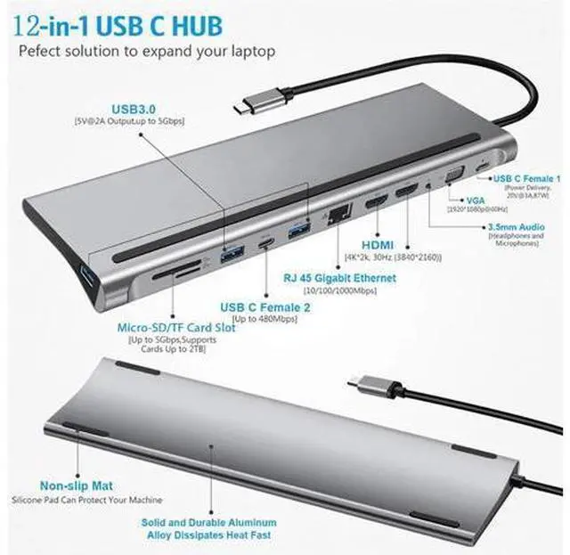 Alt view image 3 of 5 - 12 in 1 Type-c to Dual /VGA/USB 3.0 Hub/PD/RJ/Micro-SD/TF Card Dock Adapter High Resolution Multifunctional Cable Hub