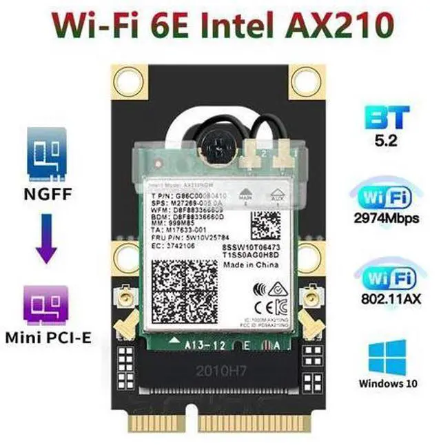 Main image of Mini PCI-E Wifi 6E Adapter Intel AX210 Bluetooth 5.2 Wifi 6 Card 2.4G 5Ghz 6Ghz Wireless 3000Mbps AX210NGW 802.11ax/ac 160Mhz