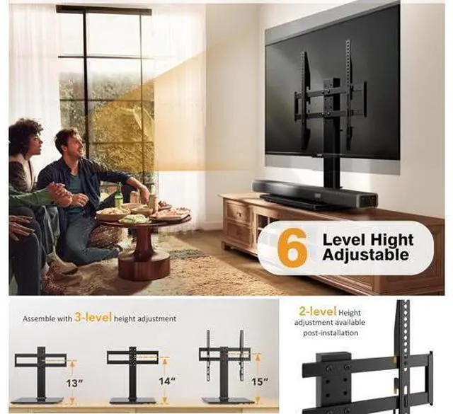 Alt view image 3 of 7 - Universal TV Stand - Table Top TV Stand for 27-60 inch LCD LED TVs - 6 Level Height Adjustable TV Base Stand with Tempered Glass Base & Wire Management, VESA 400x400mm