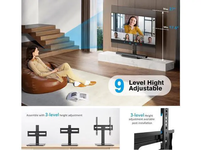 Alt view image 3 of 7 - Universal TV Stand - Table Top TV Stand for 27-60 inch LCD LED TVs - 9 Level Height Adjustable TV Base Stand with Tempered Glass Base & Wire Management, VESA 400x400mm