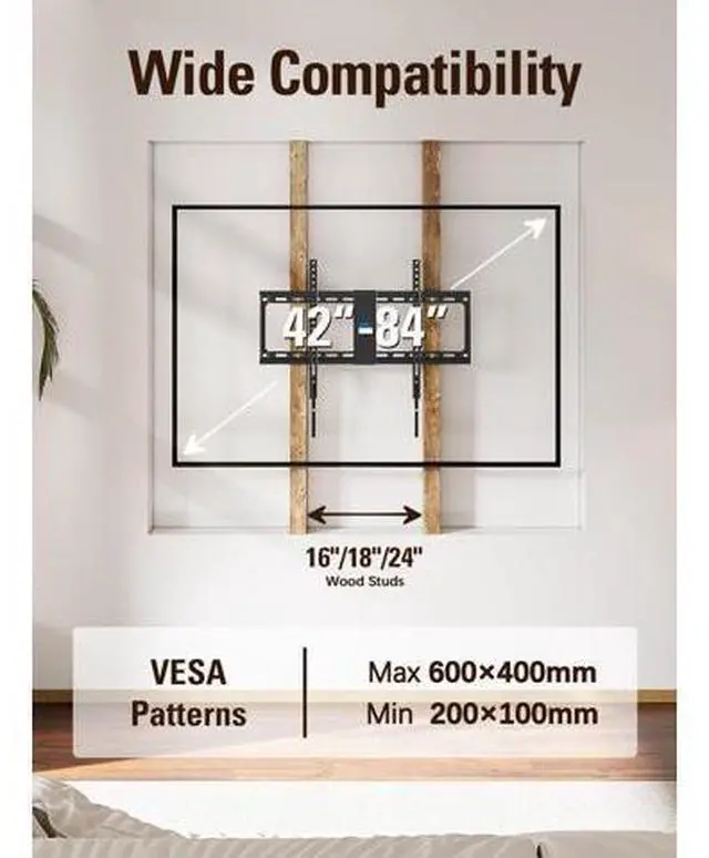 Alt view image 5 of 7 - Mounting Dream TV Mount Fixed for Most 42-84 Inch Flat Screen TVs, TV Wall Mount Bracket up to VESA 600 x 400mm and 132 lbs - Fits 16"/18"/24" Studs - Low Profile and Space Saving MD2163-K