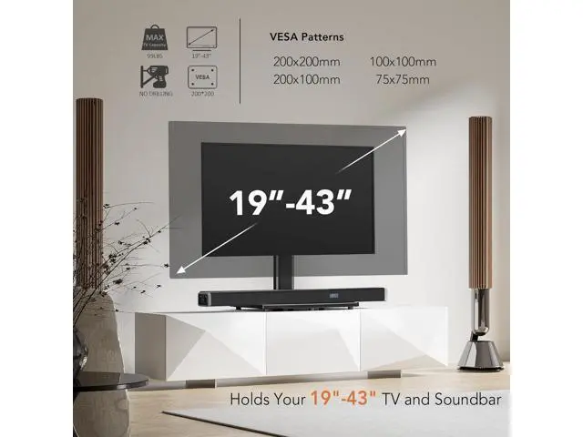Alt view image 2 of 7 - Universal Swivel TV /Table Top TV Stand for 19 to 43 inch TVs with 90 Degree Swivel, 4 Level Height Adjustable, Heavy Duty Tempered Glass Base, Holds up to 99LBS HT02B-001