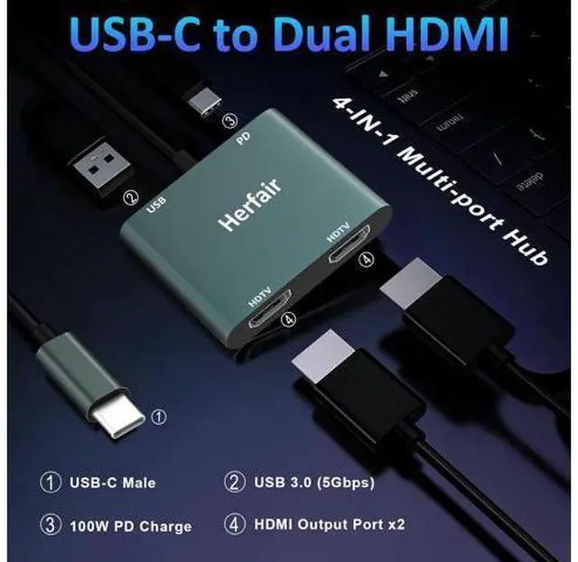 Alt view image 2 of 7 - HDMI Splitter for Dual Monitors Extended Display 1 in 2 Out 4K USB C to 2 HDMI Adapter Extender for MacBook Laptop Support All Mode for Windows & Mirror Mode for MacOS