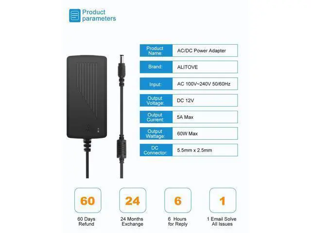 Alt view image 2 of 7 - DC 12V 5A Power Supply Adapter Converter Transformer 60W AC 100-240V Input with 5.5x2.5mm DC Output Jack for 5050 3528 LED Strip Module Light