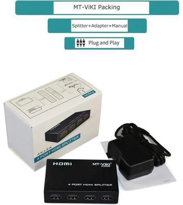 Alt view image 7 of 7 - MT-ViKI HDMI Splitter 1 in 4 Out 1x4 Power HDMI Splitter 4 Ports w/AC Adapter 4Kx2K@30Hz 3D Full HD Distributor for PS4 Fire Stick HDTV