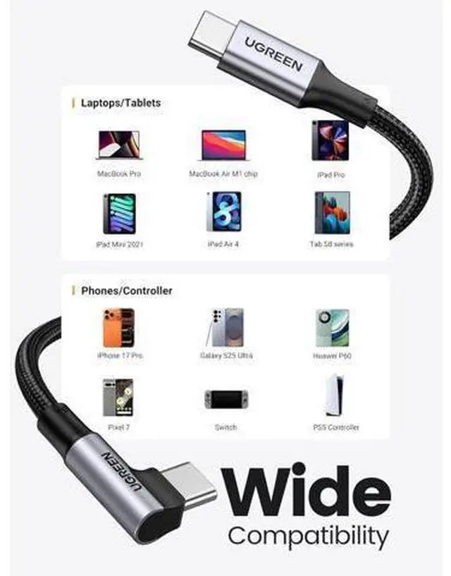 Alt view image 5 of 7 - Right Angle USB C to USB C Cable 100W Type C 90 Degree Fast Charging Cable Compatible with iPhone 17/17 Air/17 Pro/16 MacBook Pro 2022 iPad Pro 2022 XPS Galaxy S25/S24 10FT