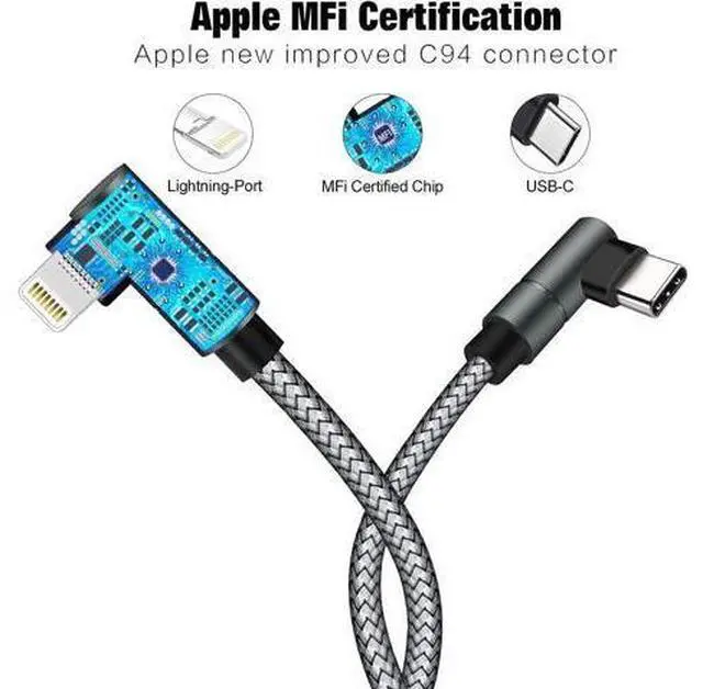 Alt view image 4 of 6 - USB C to Lightning Cable MFi Certified PD Fast iPhone 12 Charging 6ft Cable 90 Degree Type C Charger Cord Compatible with iPhone 13/12/12 ProMax/12Mini/11 Pro Max/X/XS/XR/8 iPad 8th (Grey)