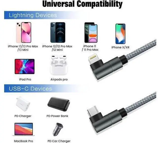 Alt view image 6 of 6 - USB C to Lightning Cable MFi Certified PD Fast iPhone 12 Charging 6ft Cable 90 Degree Type C Charger Cord Compatible with iPhone 13/12/12 ProMax/12Mini/11 Pro Max/X/XS/XR/8 iPad 8th (Grey)
