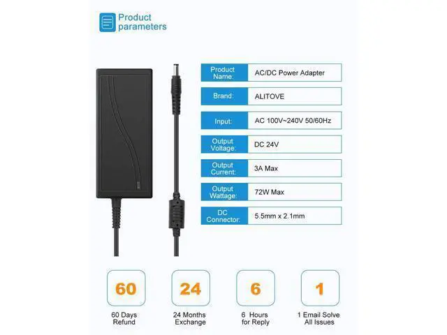 Alt view image 2 of 7 - 24V 3A 72W AC to DC Adapter Power Supply Converter AC 100V ~ 240V to DC 24V 3amp Transformer with 5.5x2.1mm DC Output Jack for 5050 3528 LED Strip Module Light CCTV Camera System