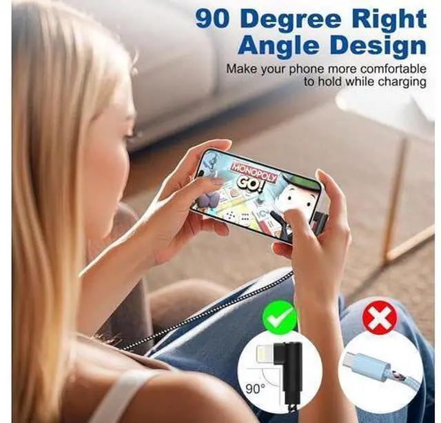 Alt view image 5 of 7 - iPhone Charger 10ft 3 Pack MFi Certified Lightning Cable 90 Degree Fast Charging Cord Nylon Braided USB Charging Cable Compatible with iPhone 14 13 12 11 Pro Max XR XS X 8 7 6 Plus SE