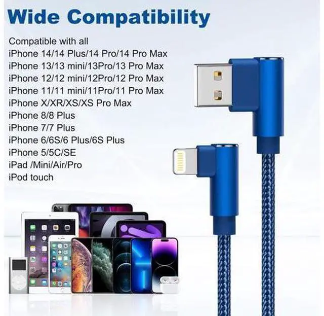 Alt view image 7 of 7 - iPhone Charger 10ft 3 Pack MFi Certified Lightning Cable 90 Degree Fast Charging Cord Nylon Braided USB Charging Cable Compatible with iPhone 14 13 12 11 Pro Max XR XS X 8 7 6 Plus SE