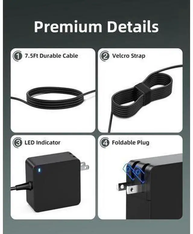 Alt view image 2 of 6 - Charger Fit for Laptop Ideapad 1 3 5 Slim 3 5 7 S340 S145 330 320 310 Flex 5 4 14 15 V14 V15 V17 Upgraded Version Foldable Plug Lengthened Power Cable Charging Light 65W 45W