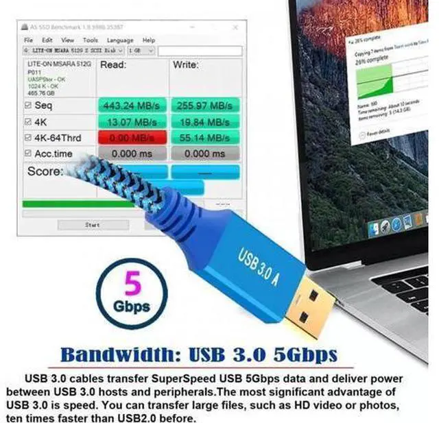 Alt view image 3 of 7 - 0.3M USB 3.0 Type-A Male to USB3.0 Type-B Male Cable Extension Blue 5Gbps for Disk SSD Camera Data