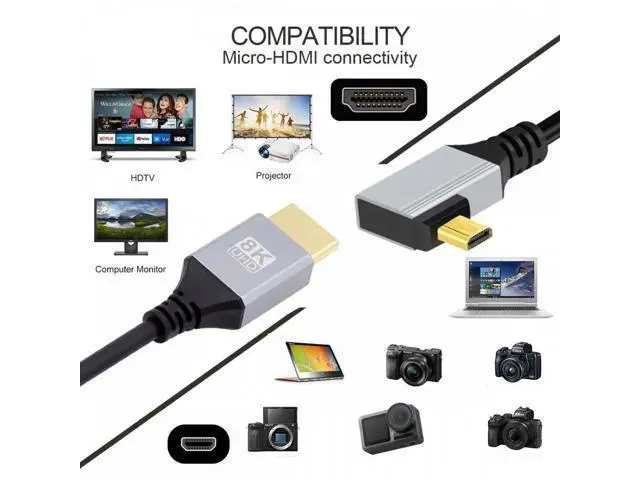 Alt view image 3 of 7 - 90 Degree Right Angled Micro HDMI 2.1 Ultra Thin HDTV Cable 8K 4K Hyper Super Flexible Slim Cord Type-A to Type-D for Camera HDTV