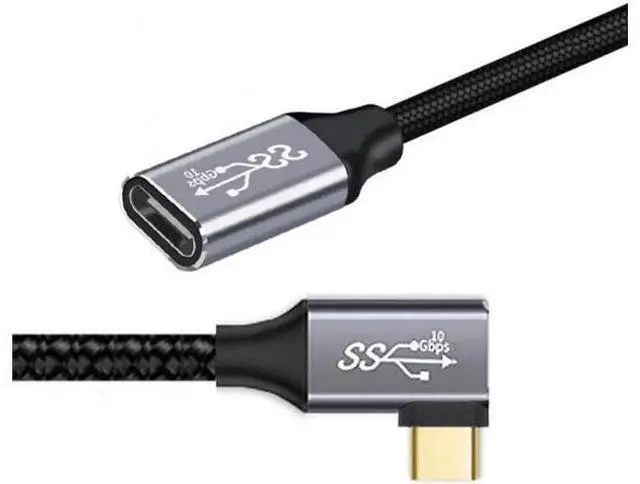 Main image of Left and Right Angled USB-C USB 3.1 Type C Male to Female Extension Data Cable 10Gbps 100W with Sleeve for Laptop 3.3 Feet