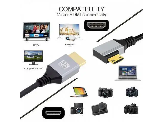 Alt view image 2 of 7 - 90 Degree Left Angled Mini HDMI 2.1 Ultra Thin HDTV Cable 8K 4K Hyper Super Flexible Slim Cord Type-A to Type-C for Camera HDTV