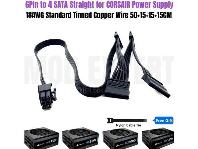 Alt view image 2 of 6 - 6Pin to 4x SATA 15Pin Straight for HX750i HX850i HX1000i HX1200i Modular PSUs Hard Drive HDD SSD Power Cable 18AWG 50+15+15+15CM