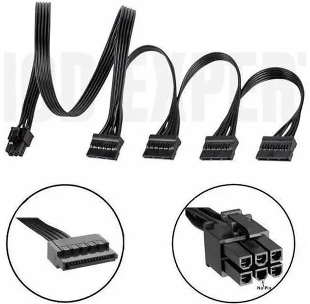 Main image of 6Pin to 4x SATA 15Pin Straight for HX750i HX850i HX1000i HX1200i Modular PSUs Hard Drive HDD SSD Power Cable 18AWG 50+15+15+15CM
