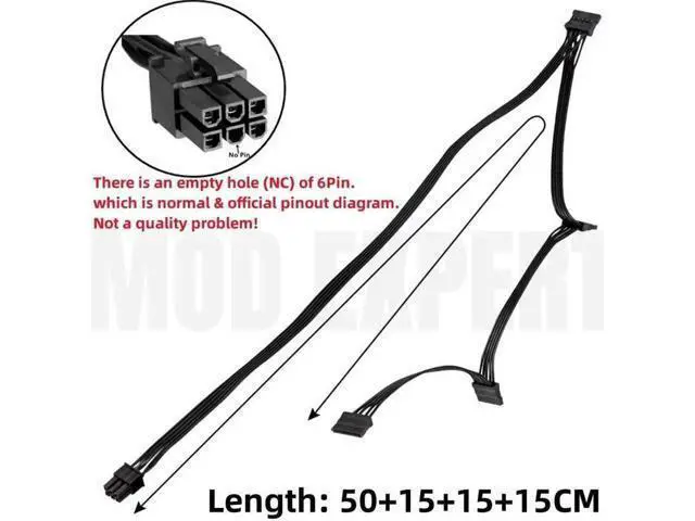 Alt view image 3 of 6 - 6Pin to 4x SATA 15Pin Straight for HX750i HX850i HX1000i HX1200i Modular PSUs Hard Drive HDD SSD Power Cable 18AWG 50+15+15+15CM