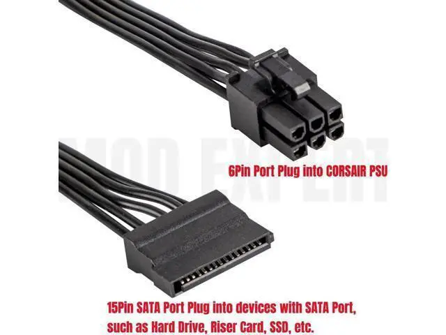 Alt view image 4 of 6 - 6Pin to 4x SATA 15Pin Straight for HX750i HX850i HX1000i HX1200i Modular PSUs Hard Drive HDD SSD Power Cable 18AWG 50+15+15+15CM