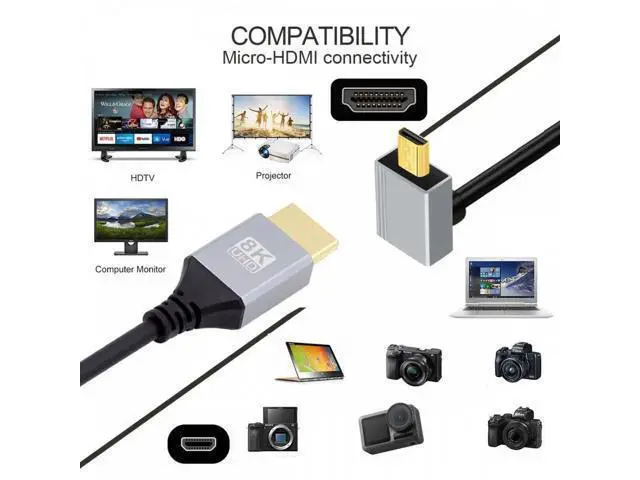 Alt view image 7 of 7 - 90 Degree Up Angled Micro HDMI 2.1 Ultra Thin HDTV Cable 8K 4K Hyper Super Flexible Slim Cord Type-A to Type-D for Camera HDTV