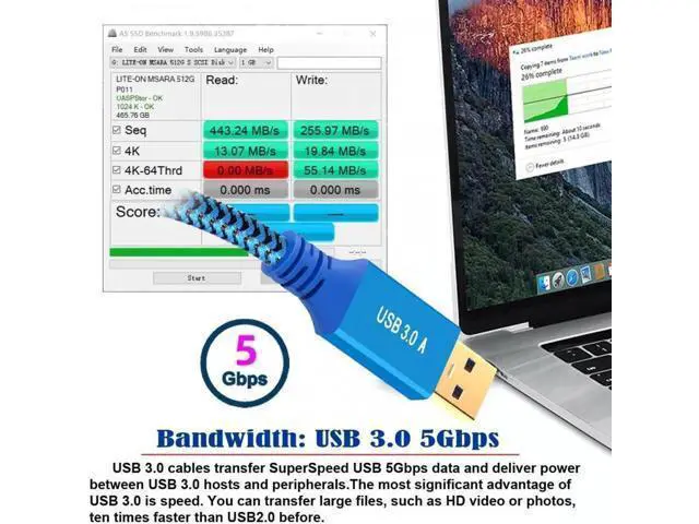 Alt view image 2 of 7 - 0.6M USB 3.0 Type-A Male to USB3.0 Type-B Male Cable Extension Blue 5Gbps for Disk SSD Camera Data