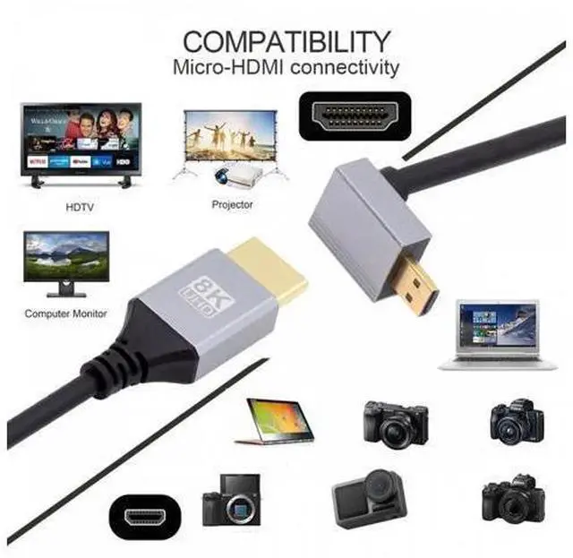 Alt view image 2 of 7 - 90 Degree Down Angled Micro HDMI 2.1 Ultra Thin HDTV Cable 8K 4K Hyper Super Flexible Slim Cord Type-A to Type-D for Camera HDTV