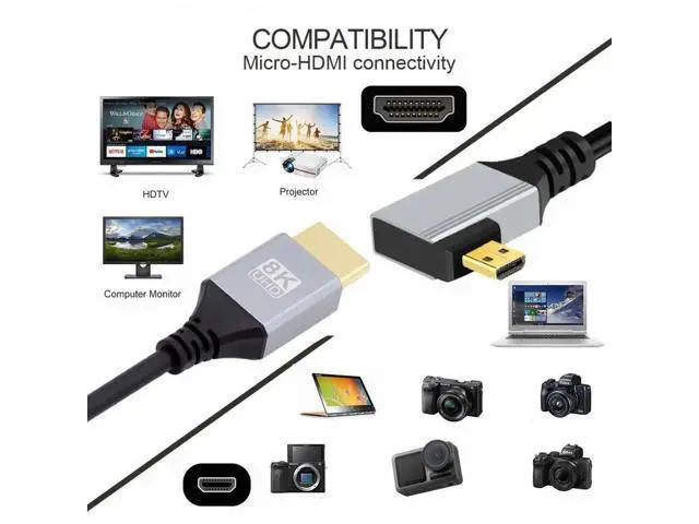 Alt view image 2 of 7 - 90 Degree Left Angled Micro HDMI 2.1 Ultra Thin HDTV Cable 8K 4K Hyper Super Flexible Slim Cord Type-A to Type-D for Camera HDTV
