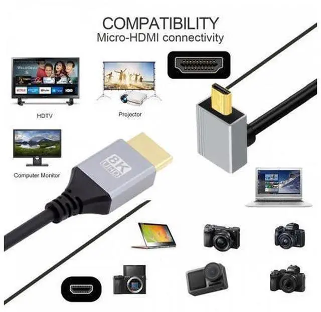 Alt view image 7 of 7 - 90 Degree Up Angled Micro HDMI 2.1 Ultra Thin HDTV Cable 8K 4K Hyper Super Flexible Slim Cord Type-A to Type-D for Camera HDTV