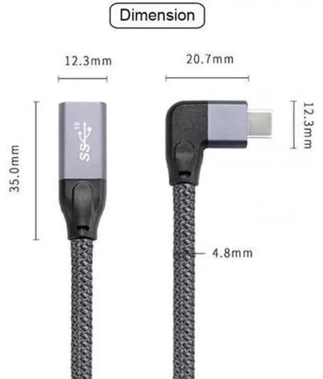 Main image of Left Right Angled USB-C USB 3.1 Type C Male to Female Extension Data Cable with Sleeve for Laptop