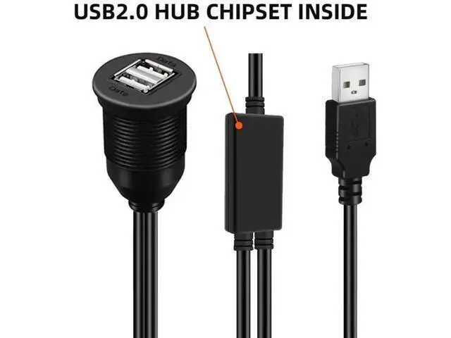 Alt view image 2 of 7 - USB 2.0 Flush Mount 1 Male to 2 Female Extension Cable for Car Dashboard Panel Mount Waterproof Dustproof